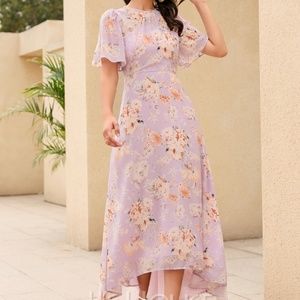 Purple Floral JJs House Round Neck 1/2 Sleeves Midi Dress